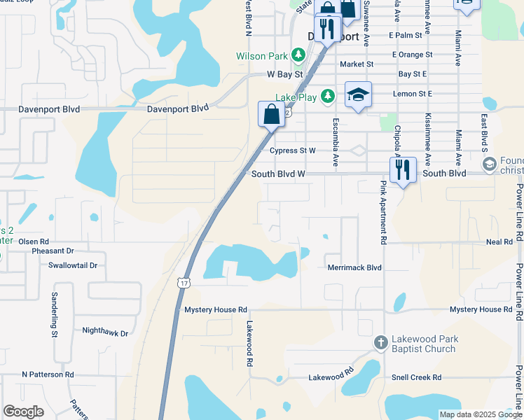 map of restaurants, bars, coffee shops, grocery stores, and more near 305 Fiddlewood Court in Davenport