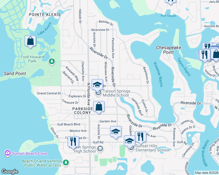 map of restaurants, bars, coffee shops, grocery stores, and more near 524 Wideview Avenue in Tarpon Springs