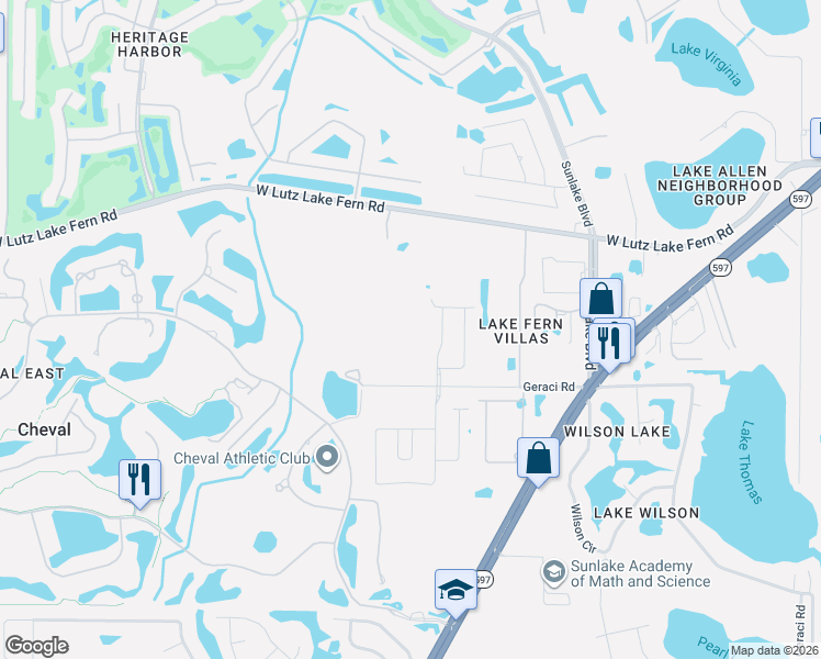 map of restaurants, bars, coffee shops, grocery stores, and more near 19151 Geraci Road in Lutz