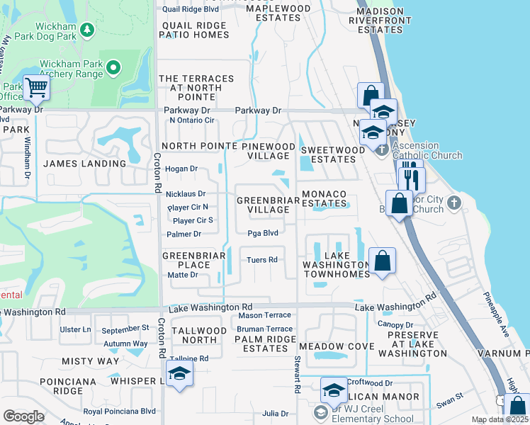 map of restaurants, bars, coffee shops, grocery stores, and more near 1723 Nicklaus Drive in Melbourne