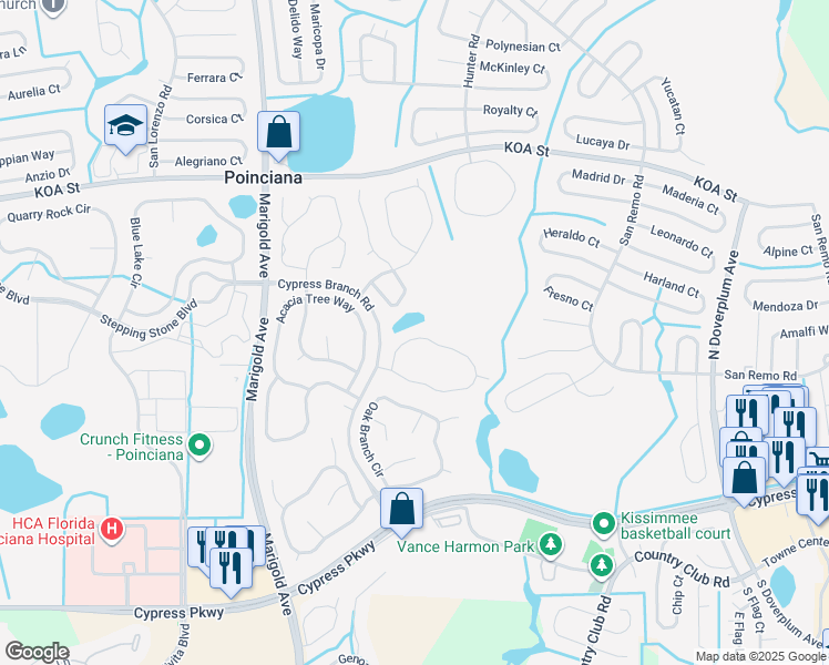 map of restaurants, bars, coffee shops, grocery stores, and more near 566 Pinehurst Cove in Kissimmee