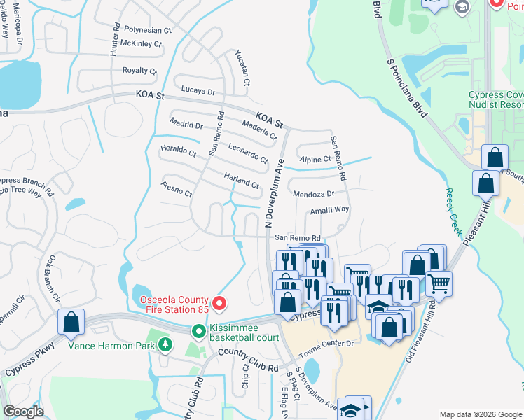 map of restaurants, bars, coffee shops, grocery stores, and more near 116 Alcala Drive in Kissimmee