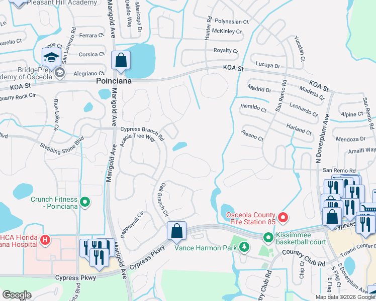 map of restaurants, bars, coffee shops, grocery stores, and more near 566 Pinehurst Cove in Kissimmee