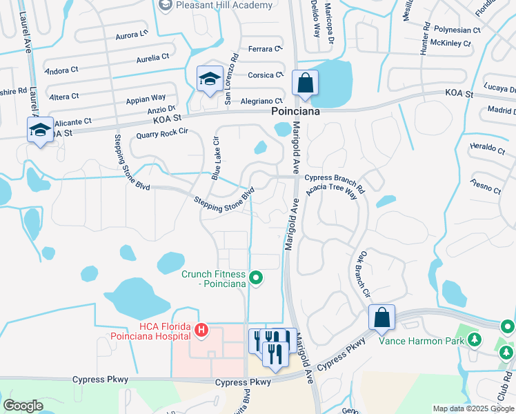 map of restaurants, bars, coffee shops, grocery stores, and more near 422 Blue Lake Circle in Kissimmee
