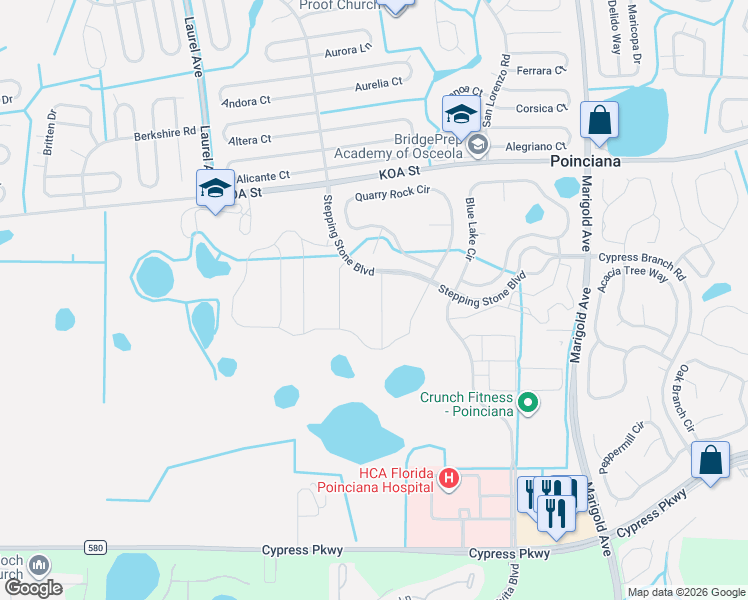 map of restaurants, bars, coffee shops, grocery stores, and more near 432 Blue Lake Circle in Kissimmee