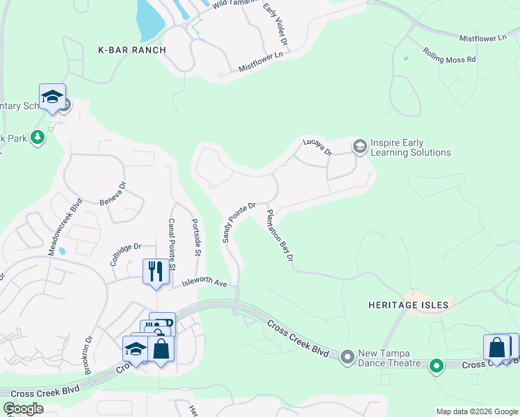 map of restaurants, bars, coffee shops, grocery stores, and more near 18173 Sandy Pointe Drive in Tampa