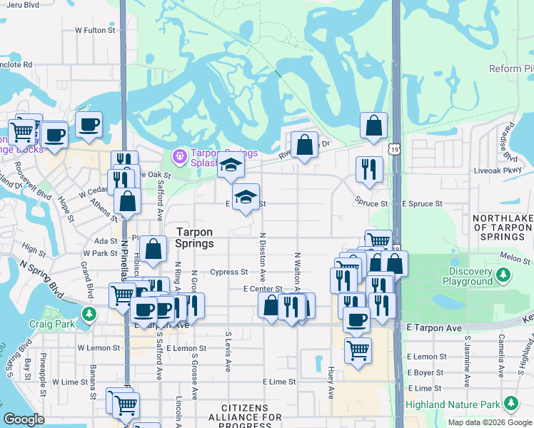 map of restaurants, bars, coffee shops, grocery stores, and more near in Tarpon Springs