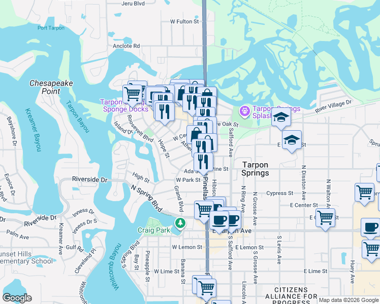 map of restaurants, bars, coffee shops, grocery stores, and more near 121 Athens Street in Tarpon Springs