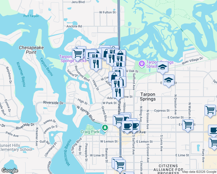 map of restaurants, bars, coffee shops, grocery stores, and more near 121 Athens Street in Tarpon Springs