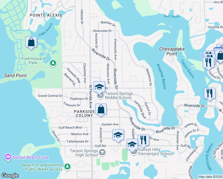 map of restaurants, bars, coffee shops, grocery stores, and more near 524 Wideview Avenue in Tarpon Springs