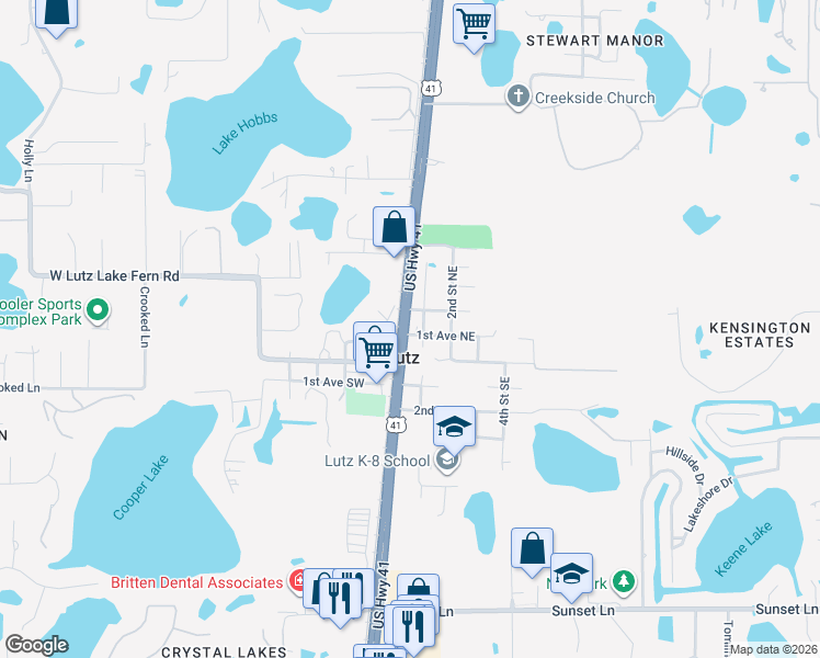 map of restaurants, bars, coffee shops, grocery stores, and more near 19023 U.S. 41 in Lutz