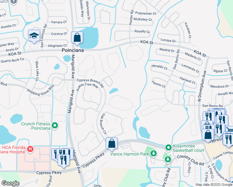 map of restaurants, bars, coffee shops, grocery stores, and more near 566 Pinehurst Cove in Kissimmee