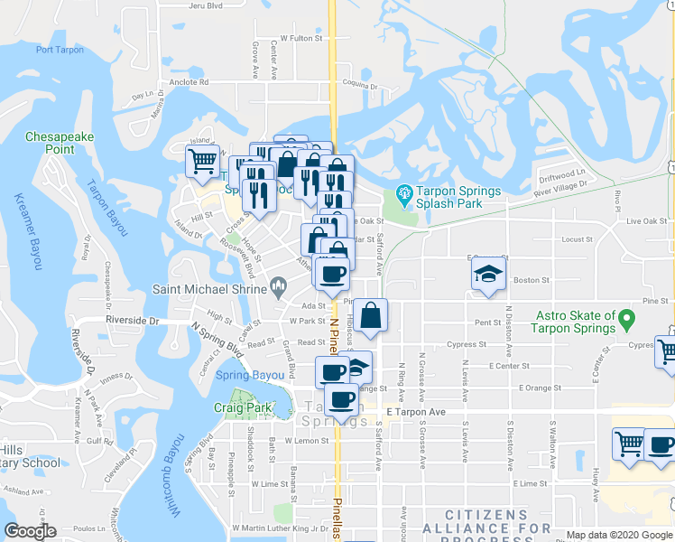 map of restaurants, bars, coffee shops, grocery stores, and more near 606 North Pinellas Avenue in Tarpon Springs