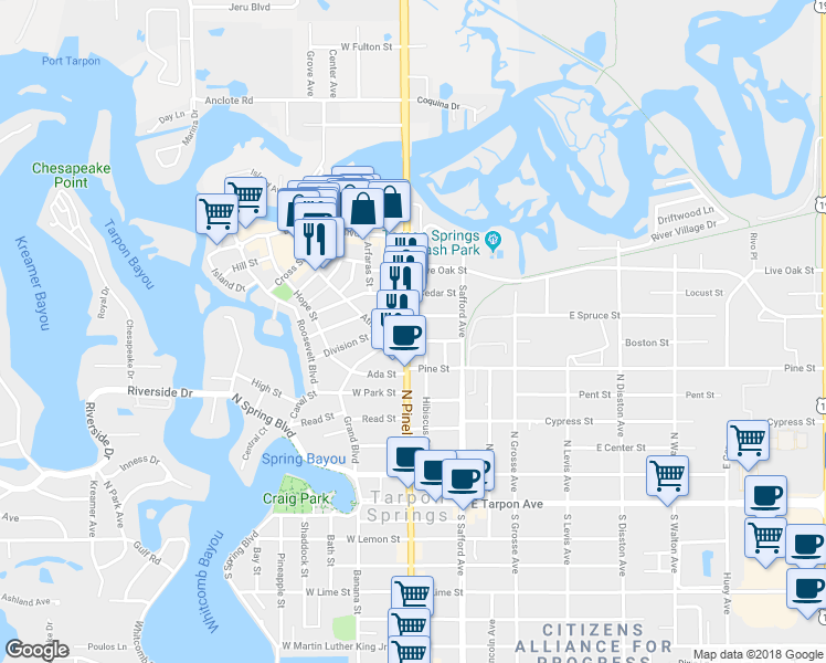 map of restaurants, bars, coffee shops, grocery stores, and more near 606 North Pinellas Avenue in Tarpon Springs