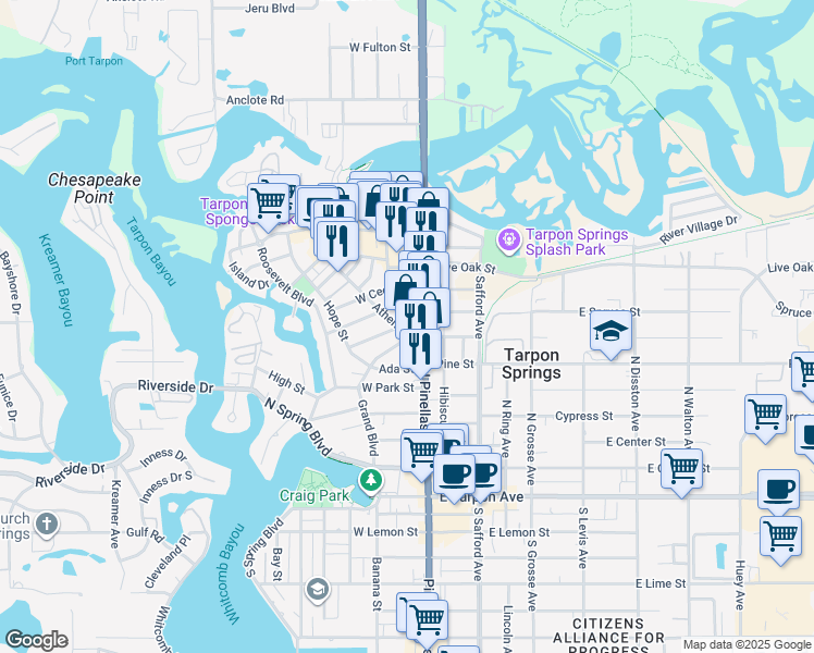 map of restaurants, bars, coffee shops, grocery stores, and more near 121 Athens Street in Tarpon Springs