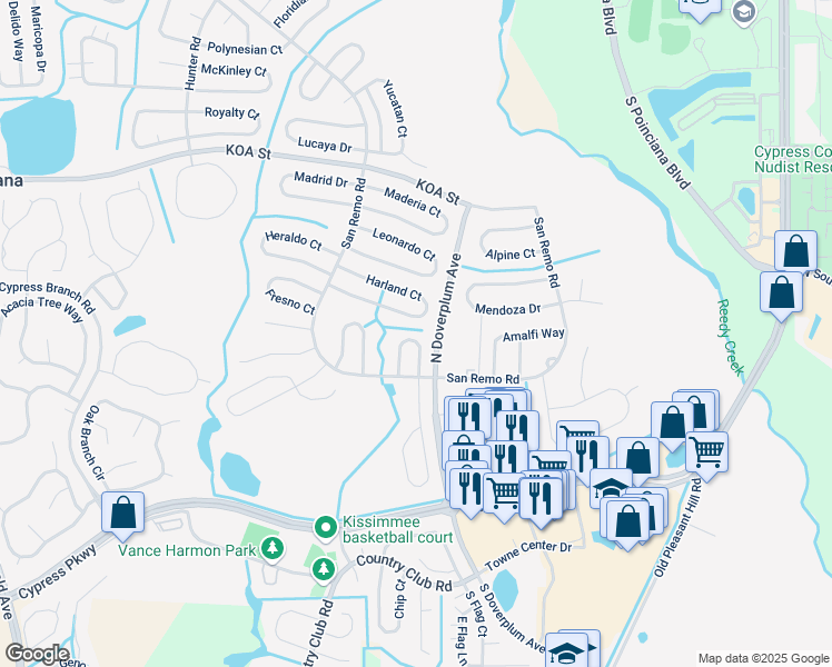 map of restaurants, bars, coffee shops, grocery stores, and more near 116 Alcala Drive in Kissimmee