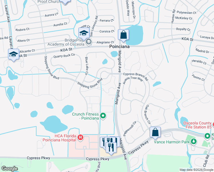 map of restaurants, bars, coffee shops, grocery stores, and more near 151 North Osprey Park Road in Kissimmee