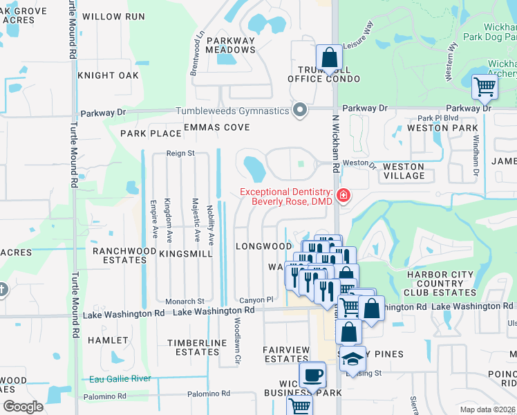 map of restaurants, bars, coffee shops, grocery stores, and more near 2781 Woodsmill Drive in Melbourne