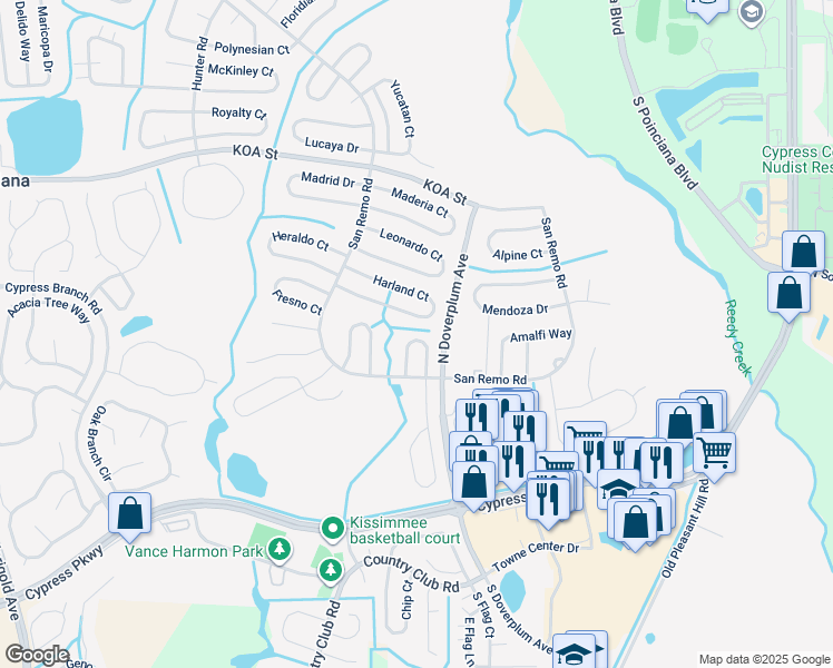 map of restaurants, bars, coffee shops, grocery stores, and more near 116 Alcala Drive in Kissimmee