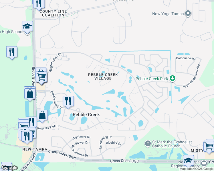 map of restaurants, bars, coffee shops, grocery stores, and more near 9605 Norchester Circle in Tampa