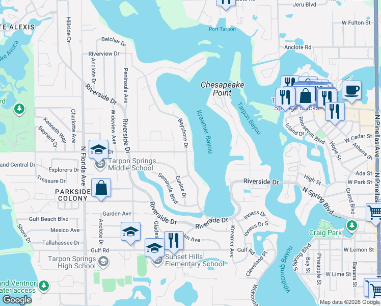 map of restaurants, bars, coffee shops, grocery stores, and more near 658 Bayshore Drive in Tarpon Springs