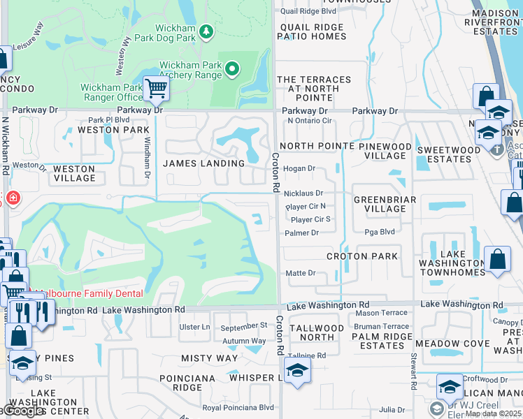 map of restaurants, bars, coffee shops, grocery stores, and more near 2700 Croton Road in Melbourne