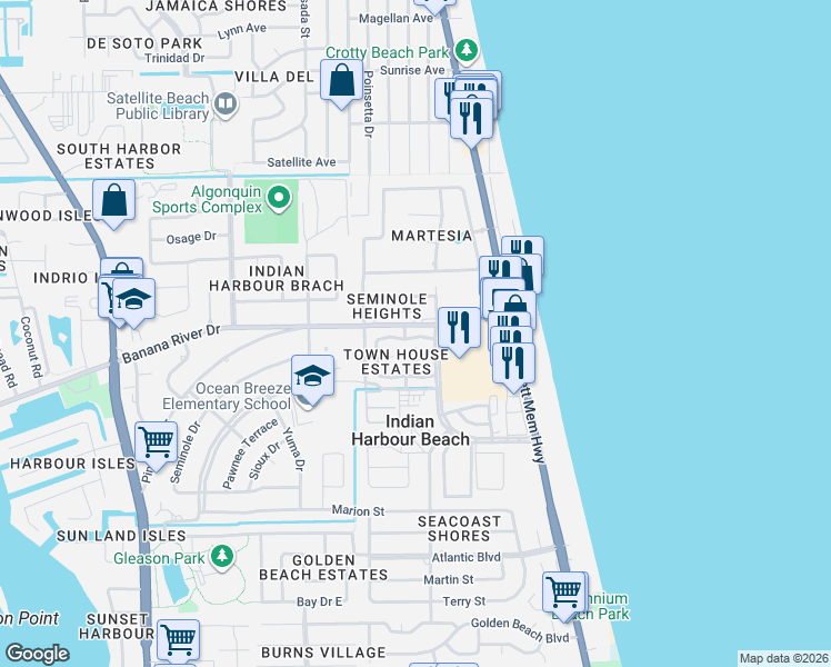 map of restaurants, bars, coffee shops, grocery stores, and more near 302 Palm Springs Boulevard in Indian Harbour Beach