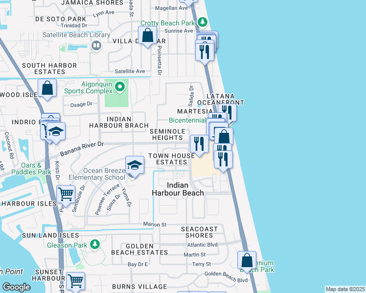 map of restaurants, bars, coffee shops, grocery stores, and more near 302 Palm Springs Boulevard in Indian Harbour Beach