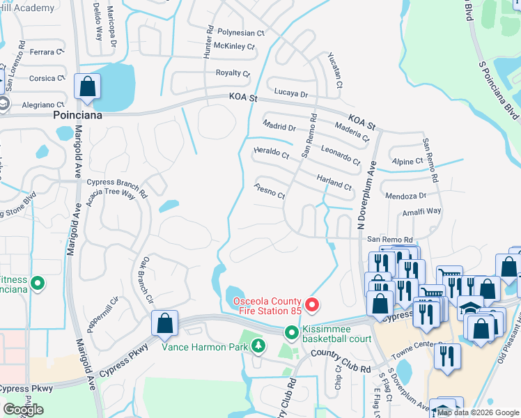 map of restaurants, bars, coffee shops, grocery stores, and more near 606 Estrada Lane in Kissimmee