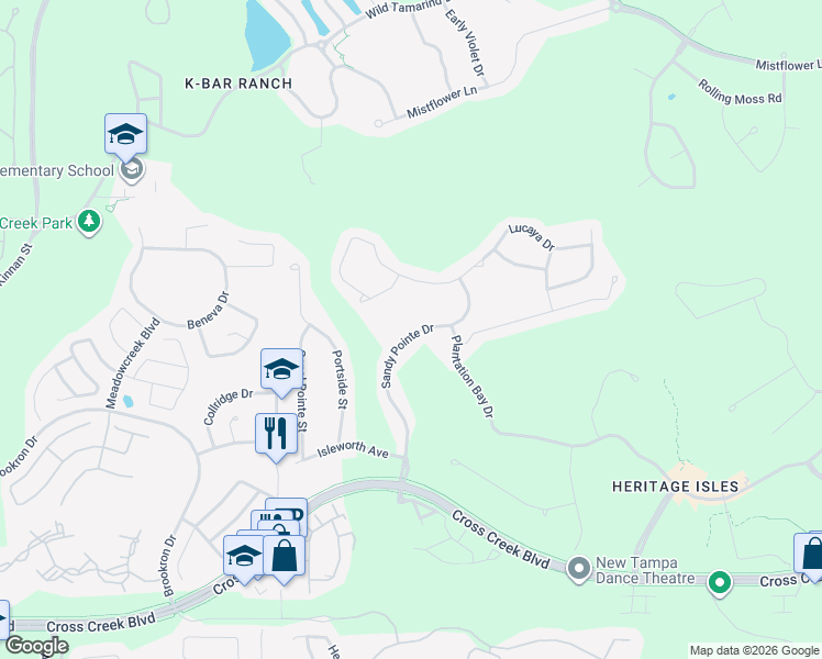 map of restaurants, bars, coffee shops, grocery stores, and more near 18176 Sandy Pointe Drive in Tampa