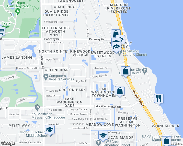 map of restaurants, bars, coffee shops, grocery stores, and more near 2724 Maderia Circle in Melbourne