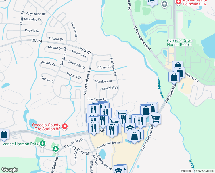 map of restaurants, bars, coffee shops, grocery stores, and more near 23 Amalfi Way in Kissimmee