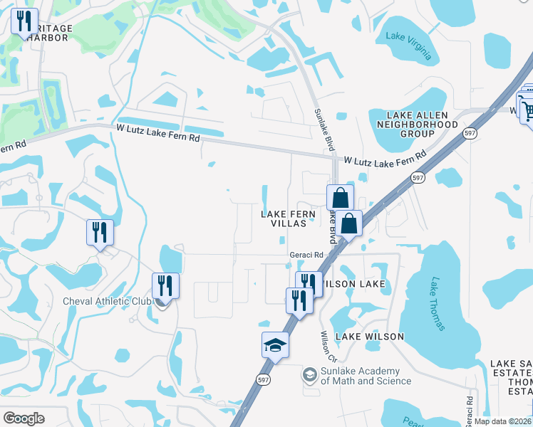 map of restaurants, bars, coffee shops, grocery stores, and more near 19139 Geraci Road in Lutz
