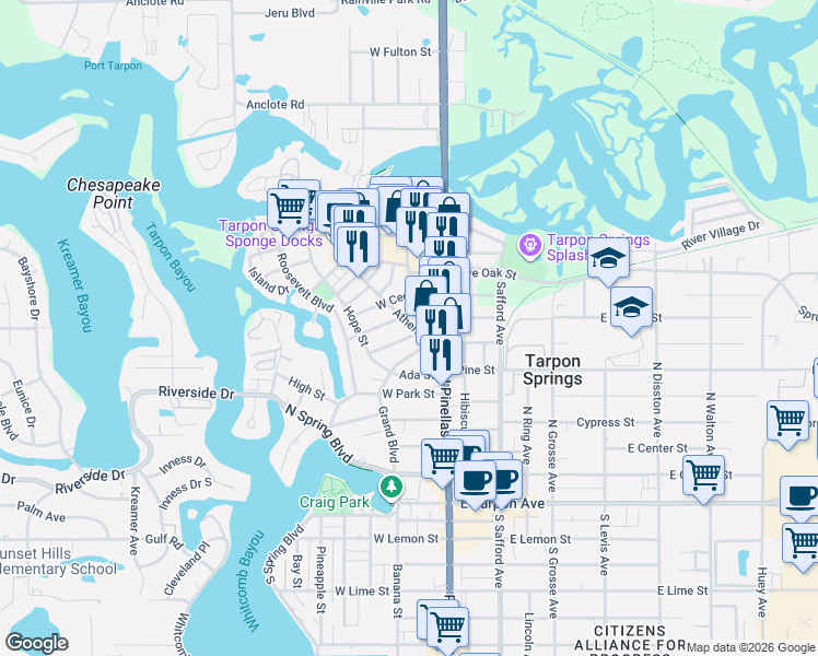 map of restaurants, bars, coffee shops, grocery stores, and more near 121 Athens Street in Tarpon Springs