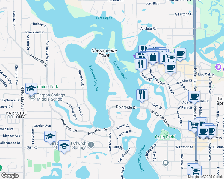 map of restaurants, bars, coffee shops, grocery stores, and more near 515 Chesapeake Drive in Tarpon Springs