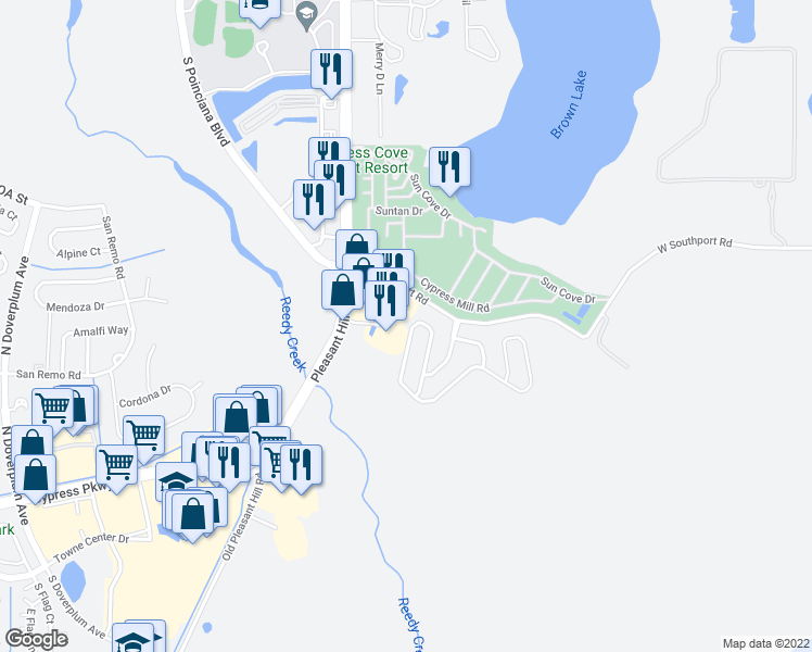 map of restaurants, bars, coffee shops, grocery stores, and more near 4637 Huron Bay Circle in Kissimmee