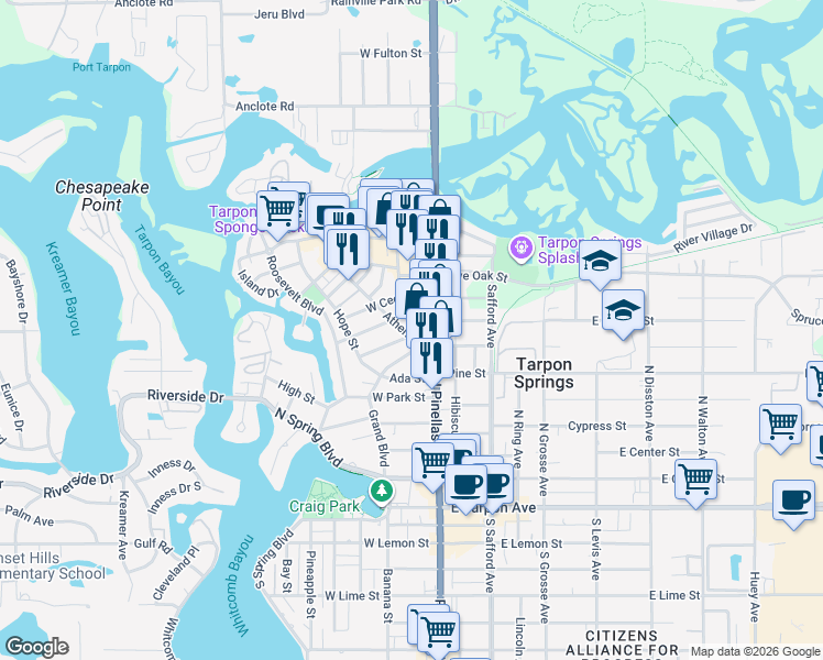 map of restaurants, bars, coffee shops, grocery stores, and more near 121 Athens Street in Tarpon Springs
