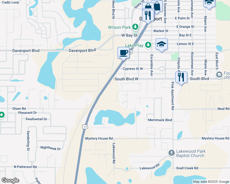 map of restaurants, bars, coffee shops, grocery stores, and more near 305 Fiddlewood Court in Davenport
