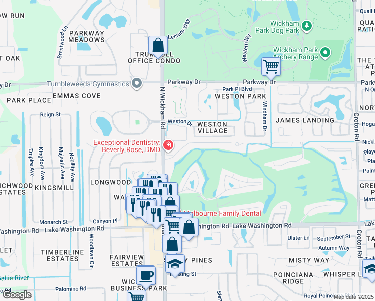 map of restaurants, bars, coffee shops, grocery stores, and more near 2775 North Wickham Road in Melbourne