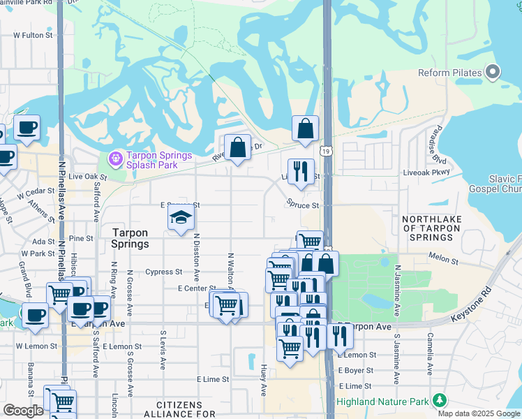map of restaurants, bars, coffee shops, grocery stores, and more near 721 Boston Street in Tarpon Springs