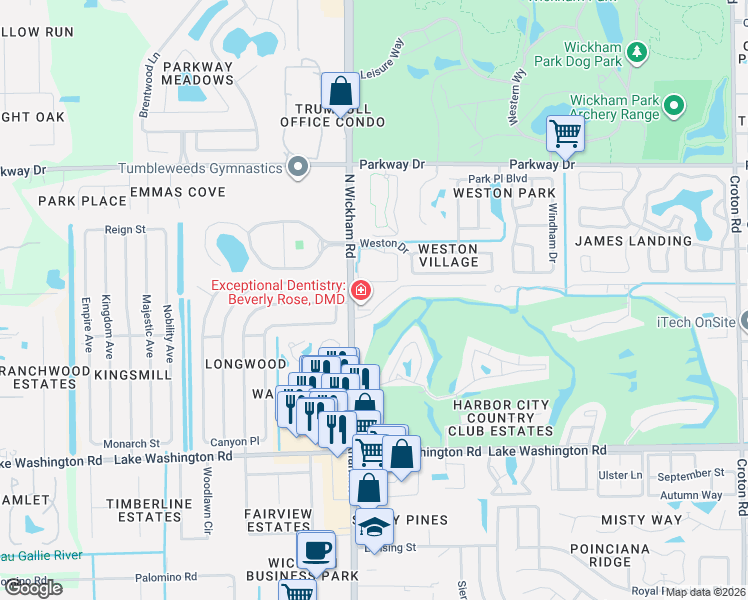 map of restaurants, bars, coffee shops, grocery stores, and more near 2775 Harbor Sun Green Road in Melbourne