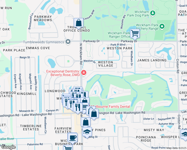 map of restaurants, bars, coffee shops, grocery stores, and more near 2775 North Wickham Road in Melbourne