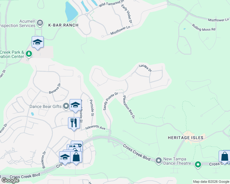 map of restaurants, bars, coffee shops, grocery stores, and more near 18173 Sandy Pointe Drive in Tampa