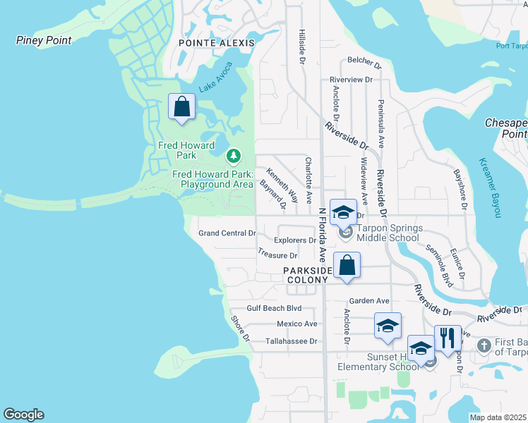 map of restaurants, bars, coffee shops, grocery stores, and more near 1620 Sunset Drive in Tarpon Springs