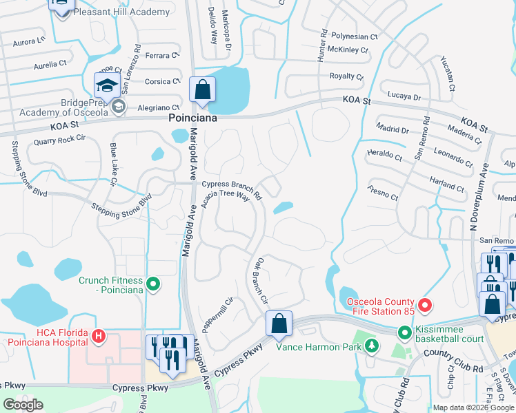 map of restaurants, bars, coffee shops, grocery stores, and more near 474 Acacia Tree Way in Kissimmee