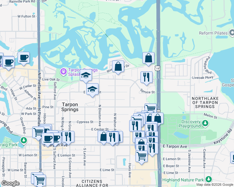 map of restaurants, bars, coffee shops, grocery stores, and more near 705 Boston Street in Tarpon Springs