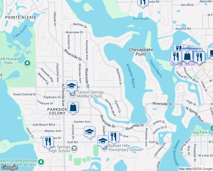 map of restaurants, bars, coffee shops, grocery stores, and more near 716 Sunset Drive in Tarpon Springs