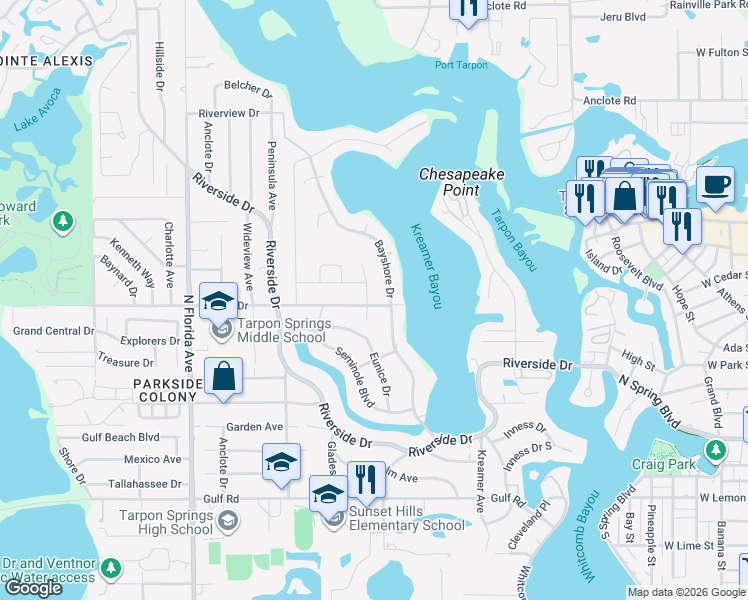 map of restaurants, bars, coffee shops, grocery stores, and more near 695 Sunset Drive in Tarpon Springs