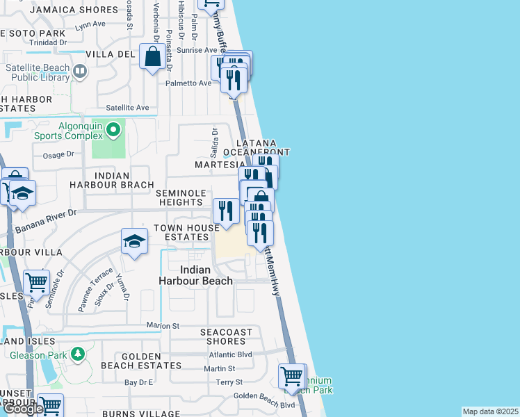 map of restaurants, bars, coffee shops, grocery stores, and more near Florida A1A in Satellite Beach
