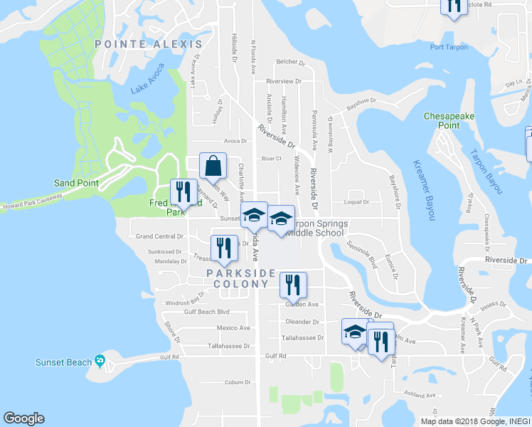 map of restaurants, bars, coffee shops, grocery stores, and more near 1107 Sunset Drive in Tarpon Springs